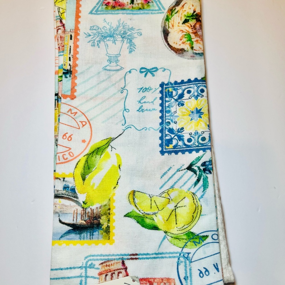 2 Italian Theme Kitchen Tea Towels Lemons Amalfi Coast Landmarks Food Postmarks - Picture 5 of 12